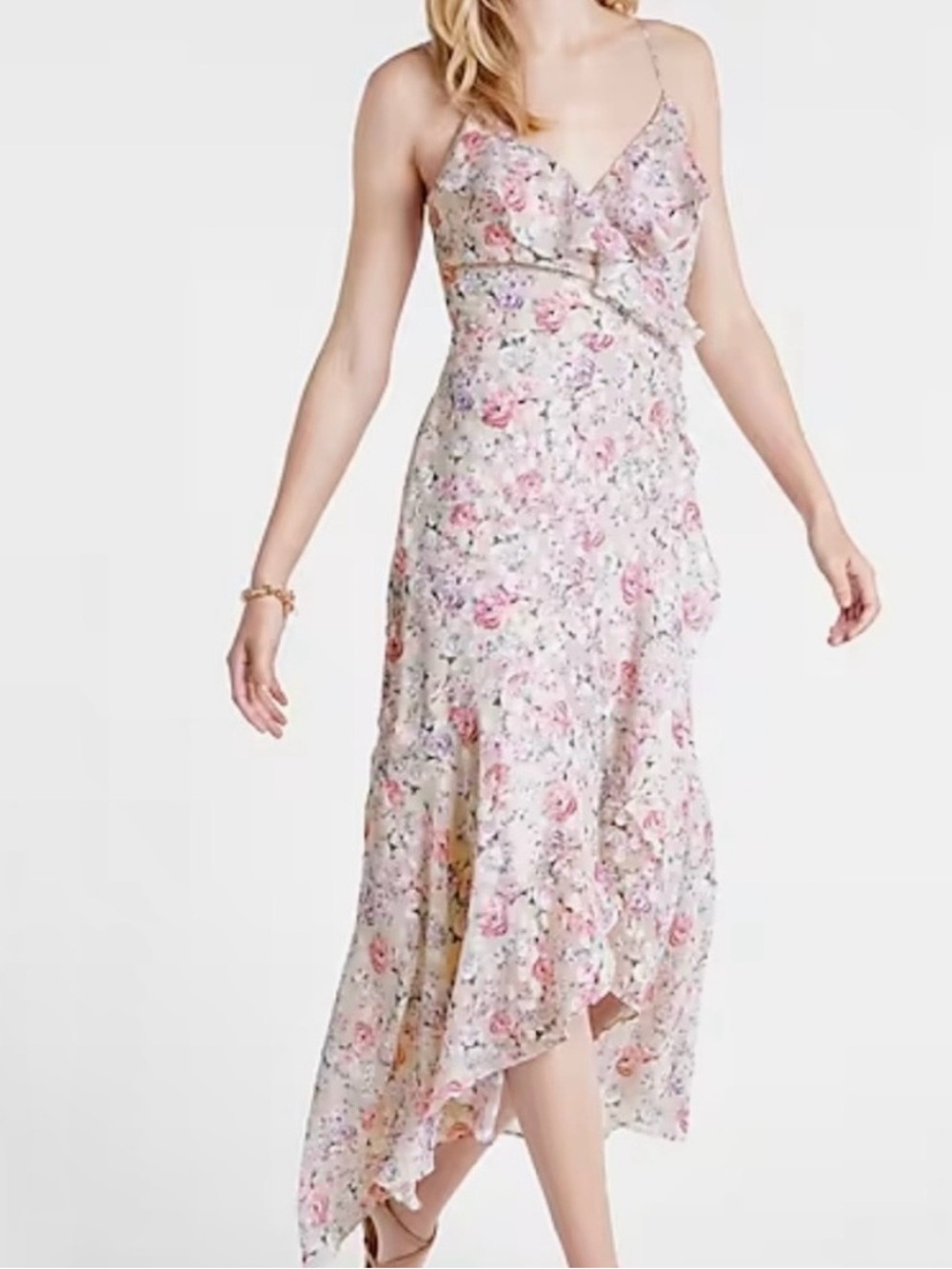 Express Floral Asymmetrical Slip Dress in Light Pink size L